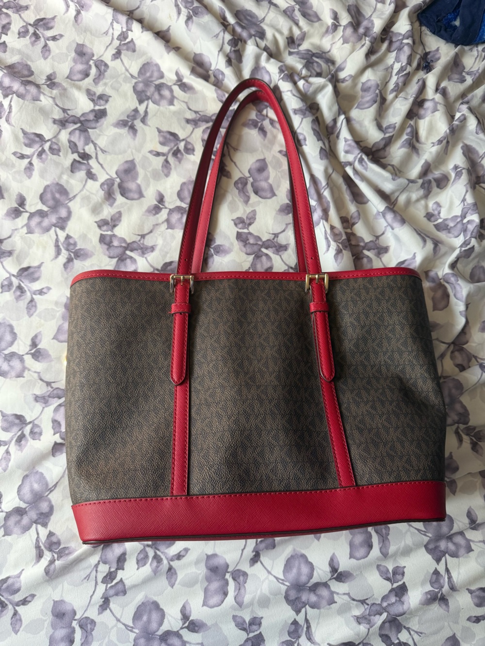 Michael Kors Brown MK Signature Tote with Red Trim and Handles - Picture 3 of 6